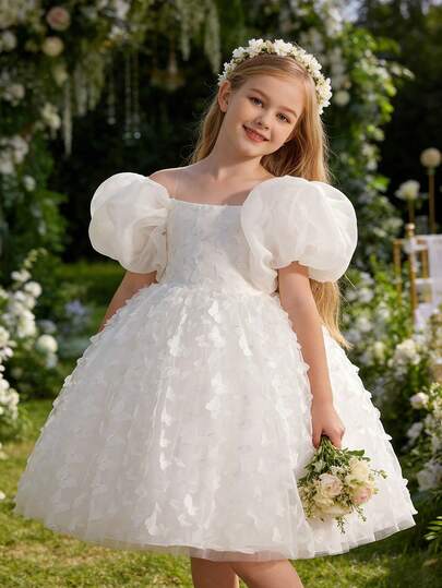 年轻女孩优雅泡泡袖连衣裙，多色蝴蝶结薄纱公主裙，适合女孩的生日派对、婚礼、伴娘、节日场合