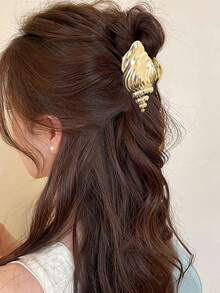 1件装时尚夏季沙滩贝壳纹理条纹发夹，女士优雅假日发饰，海洋元素发爪，沙滩装饰，美发夹，秋冬假日装扮女士头巾冬季发饰优雅发爪夹假日必备 - 金色 - 查看 1