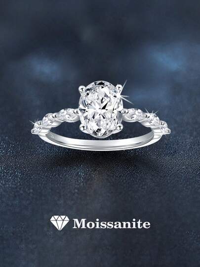 1 pezzo Anello in argento 925 di lusso e minimalista con moissanite ovale da 7x9mm, 6 pezzi di moissanite a forma di occhio da 2x4mm, per un totale di 2,6 carati, adatto per uso quotidiano, pendolarismo, feste, vacanze, compleanni, San Valentino, Festa della Mamma, anniversari di matrimonio, regalo di gioielleria natalizia per lei