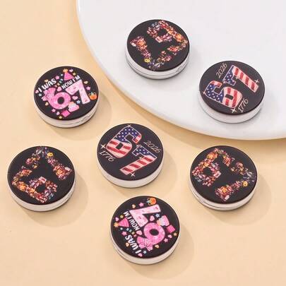 5pcs Black & Pink 67 Printed Silicone Beads, Tralalero Tralala & Tung Tung Tung Sahur/Independence Day Star Spangled Banner/Birthday "I WAS SIX, NOW I AM SEVEN" Printed Flat Round Beads, DIY Creative Bracelets, Necklaces, Bag Charms And Crafts