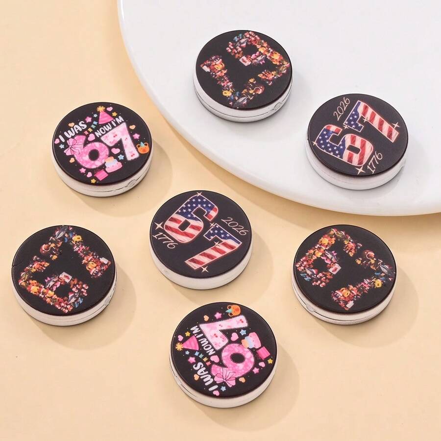 5 hạt silicon in hình màu đen và hồng số 67, in hình cờ Mỹ/Ngày Độc lập/Sinh nhật "Tôi sáu tuổi, giờ tôi bảy tuổi", hạt tròn dẹt, tự làm vòng tay, vòng cổ, phụ kiện túi xách và đồ thủ công sáng tạo. - Nhiều màu - Xem 1