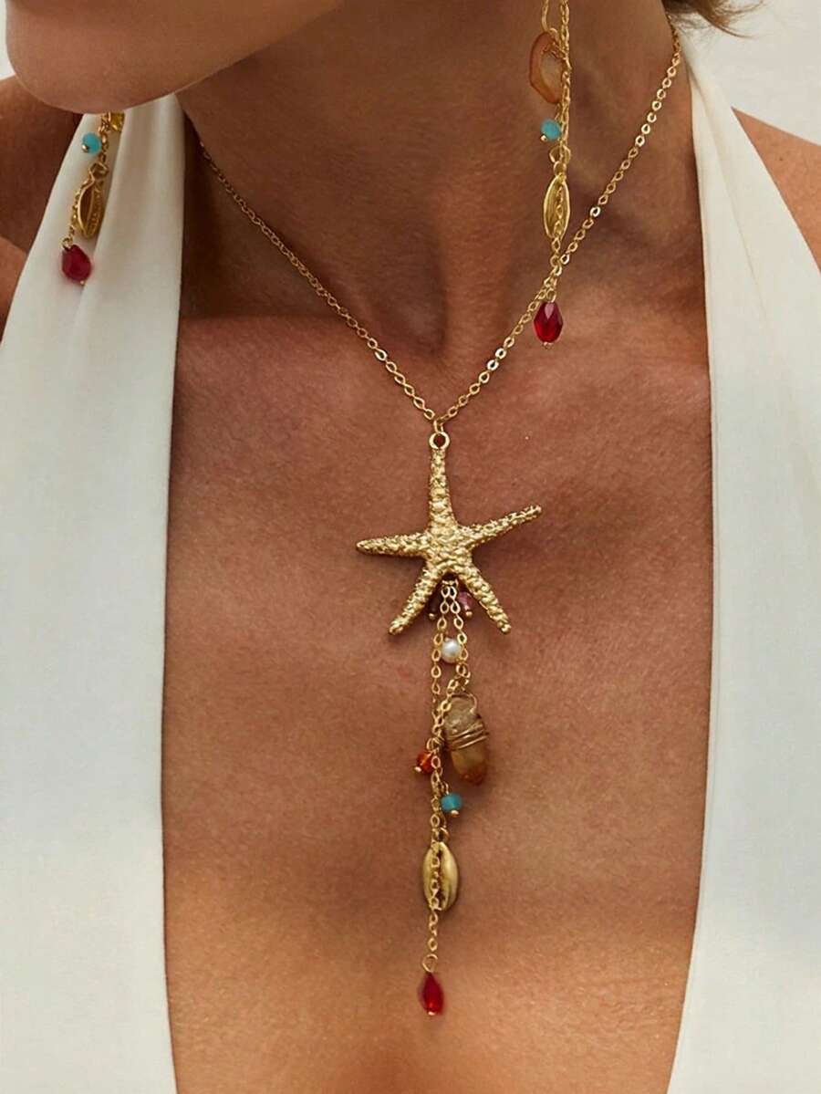 1件波西米亚风海星贝壳仿珍珠吊坠项链，适合女士海滩、度假、约会佩戴及作为礼物 - 金黃色 - 查看 1