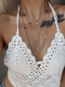 Bộ 3 món: Dây chuyền hình giọt nước bằng thép không gỉ màu bạc đính đá Zirconia + Dây chuyền hình chữ Y hình cỏ bốn lá bằng thủy tinh đen + Dây chuyền dài hình ba vòng tròn hình cỏ bốn lá bằng thủy tinh đen - Bạc - Xem 15