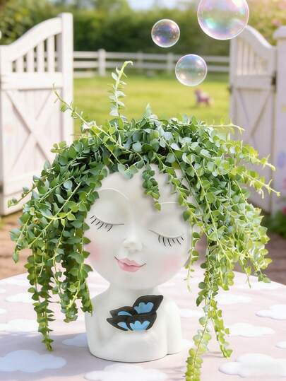 Bloempot in de vorm van een gezicht, geschikt voor binnen- en buitenplanten, gemaakt van hars, geschikt voor vetplanten, met drainagegat, schattige bloempot in de vorm van een damesgezicht.