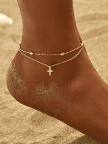 Bộ 2 chiếc vòng chân mặt dây chuyền hình thánh giá đính hạt hình bầu dục màu vàng thời trang và thanh lịch, thích hợp cho đi biển, dự tiệc, kỳ nghỉ (Số lượng hạt hình bầu dục ngẫu nhiên) - Vàng - Xem 1