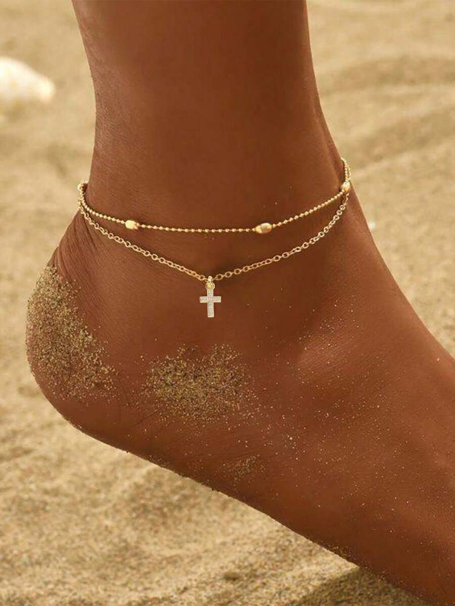 Bộ 2 chiếc vòng chân mặt dây chuyền hình thánh giá đính hạt hình bầu dục màu vàng thời trang và thanh lịch, thích hợp cho đi biển, dự tiệc, kỳ nghỉ (Số lượng hạt hình bầu dục ngẫu nhiên) - Vàng - Xem 1