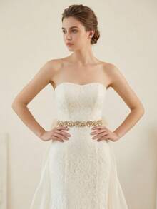 1件优雅水钻装饰新娘腰带，闪亮水晶婚纱腰带，金色花朵腰带，女士舞会晚宴礼服配饰 - 金色 - 查看 6