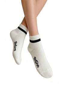 5 Pairs Women's Black And White Striped Socks, Spring/Summer Thin Student Versatile Cartoon Letter Sports Breathable Boat Socks - Multicolor - View 3