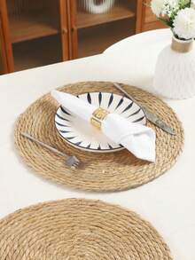 4/6pcs Round Woven Placemats, These Placemats Are Woven, Washable And Non-Slip. They Feature A Retro-Style Checkered Pattern. The Vintage Rattan Placemats Are Perfect For Home And Wedding Decor. - Cattail - View 9