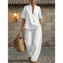 2026 European And American Summer New Women's Loose Casual Solid Color Comfortable Minimalist Denim Two-Piece Set,Trajes Elegantes De Mujer,Conjunto De Dos Piezas Mujer - 白色 - 查看 6