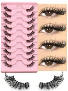 10 Pairs Half-Cut False Eyelashes, Transparent Band Cat Eye Short Soft 3D Mink-Like False Eyelashes, Natural Makeup Look (JA2501) - Black - View 1