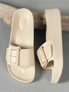 新款欧美风一体式大扣EVA厚底拖鞋，休闲舒适户外双扣人字拖，轻便防滑沙滩凉鞋，女士款 - 卡其色 - 查看 5