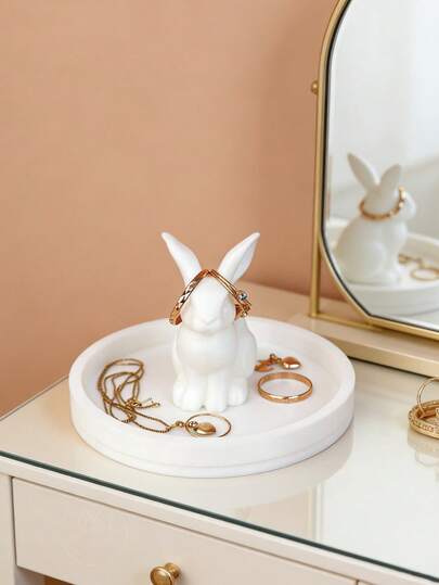 1pc Cute Rabbit Jewelry Tray, Ring Earring Necklace Storage Organizer, Multi-Functional Makeup Accessories Holder, Dual-Compartment Design For Neat Organization, High Decorative Value
