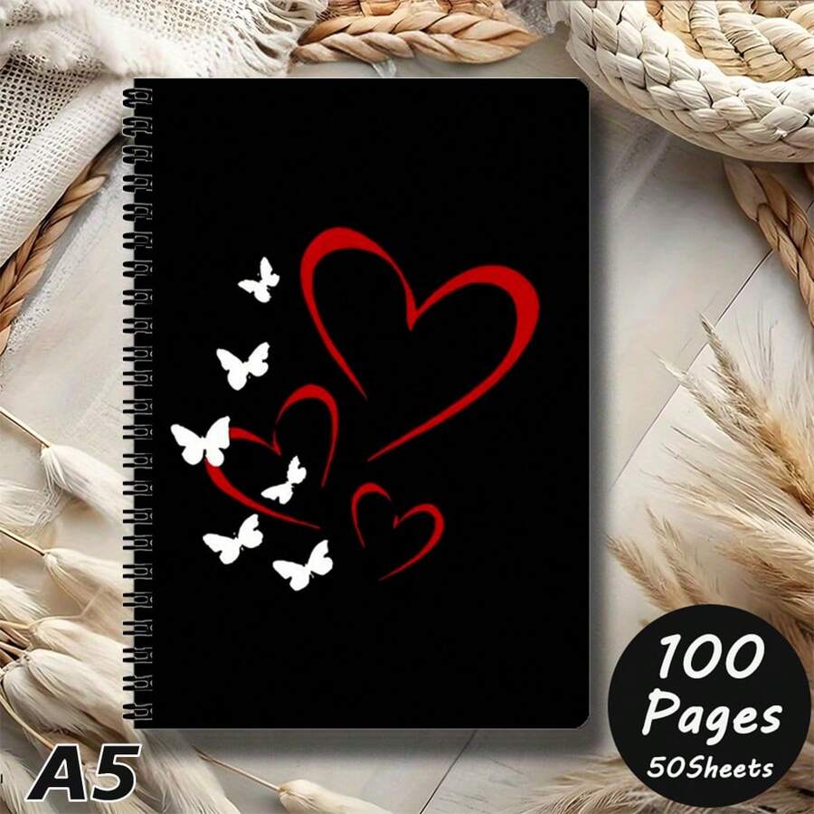 1 pieza Cuaderno elegante con diseño de corazón rojo y mariposa - Diseño sin marco, tamaño compacto adecuado para mujeres, niñas, estudiantes y profesionales - Regalo perfecto para el Día de San Valentín, cumpleaños, aniversario - Diario de oficina, escuela y viaje - Amar - Ver 1