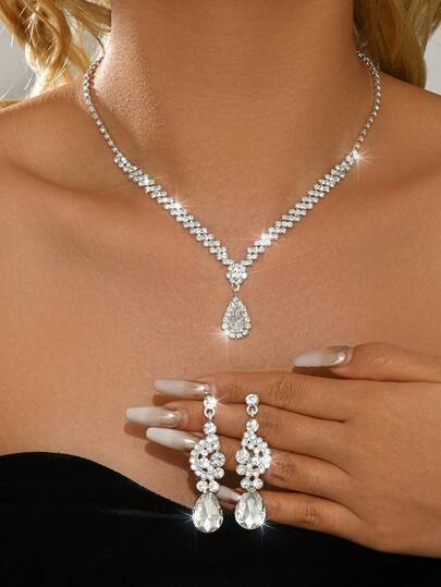 3pcs/Set Everyday Party Women's Dress With Rhinestone Jewelry, Fashion Shiny Necklace And Earrings Set, Graduation Dress Jewelry Accessories Combo