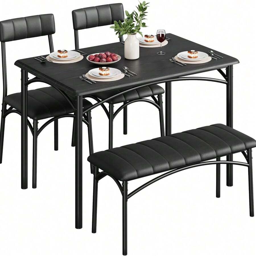 Juego de mesa para comedor para 4 personas con sillas tapizadas y banco, juego de mesa rectangular para cocina, ideal para espacios pequeños, apartamento, estudio o rincón de desayuno - Negro - Ver 1