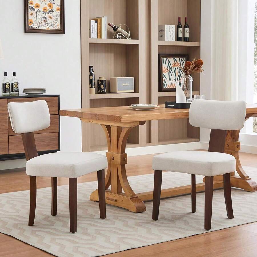 Set de 2 Unidades sillas de comedor modernas de tela para cocina, sillas auxiliares tapizadas, respaldo curvo, estructura de madera noble, patas de madera y tachuelas, silla de comedor sin brazos (beige) - Beis - Ver 1