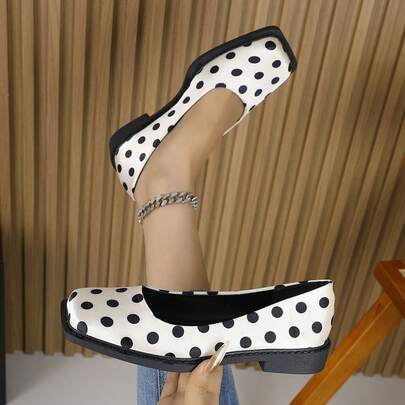 2026 New Square Toe Loafers For Women, Apricot Color With Black Dots Retro Flat Casual Commuting Shoes