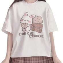 Harajuku Kawaii Fashion Pastel Gothic Casual Style Crewneck Soft Cartoon Cute Bunny Cookies Print T-Shirtspring,Vintage Women Clothes,Summer Tops For Women,Tops For Women,Tops Women Clothes,Spring Clothes,Cute Tops Women,Cute Tops Women,Vacation Outfits Women,Summer Outfits For Women,Summer Outfits,Beach Outfits - 白色 - 查看 8