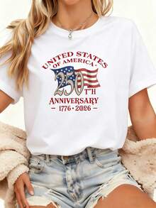 250th Anniversary American Flag T-Shirt  - Heavyweight 250 Years Of Independence Celebration, Soft Crew Neck Casual Shorts Suitable For Men & Women, 4th Of Outfit, Machine WashableDaily Outfits For Men And Women - 白色 - 查看 1