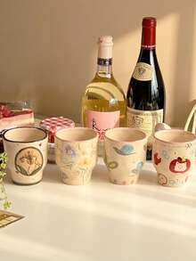 290毫升复古手工苹果小狗陶瓷杯，防滑杯，咖啡杯，拿铁杯，家用下午茶杯，节日礼物叠放杯，优雅法式花卉杯，牛奶杯，马克杯 - 彩色 - 查看 6