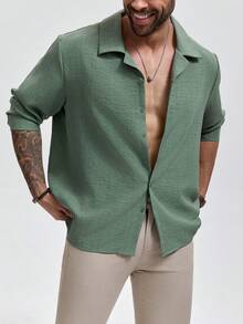 男士绿色纹理图案衬衫，西装领，长袖，单排扣开衫，时尚休闲大码衬衫，透气舒适，适合海滩、度假、工作、日常穿着、派对、婚礼等场合，是送给男友、丈夫、父亲的理想礼物，尤其适合父亲节。 - 綠色 - 查看 8