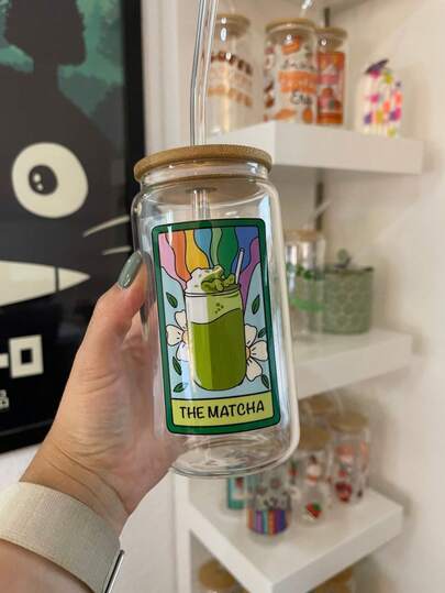 1 Set - Bicchiere con cannuccia in vetro per tè matcha, Bicchiere con cannuccia in vetro per caffè, Durevole e alla moda, Adatto per bevande calde/fredde, Ottima scelta regalo per lei