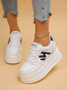 Giày thể thao đế cao dành cho nữ, kiểu dáng thường ngày, họa tiết chữ cái, buộc dây, phong cách preppy, thích hợp cho mùa xuân/thu. - màu đen - Xem 4