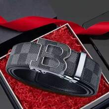 高级真皮腰带，男士高端质感，商务锌合金字母自动扣腰带，男士休闲百搭简约裤腰带，随机图案裁剪 - 多色 - 查看 5
