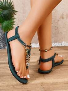 女士宽趾平底凉鞋，时尚波西米亚复古风凉鞋，奢华舒适凉鞋，百搭性感凉鞋，轻便休闲沙滩凉鞋 - 墨綠色 - 查看 6