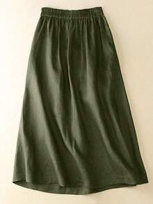 Women's Solid Color Pleated Casual Versatile Flared Skirt Spring - Green - View 2