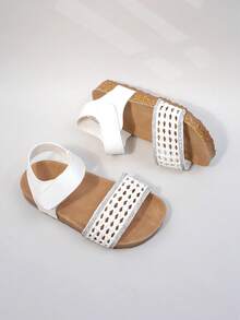 Girls' White Woven & Rhinestone Embellished Sandals, Open Toe Cork Footbed Summer Shoes For Kids - White - View 3