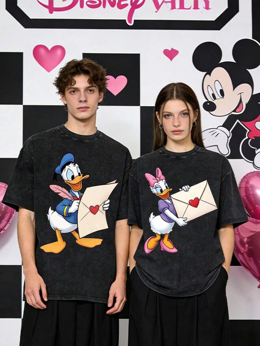 Disney Official Licensed Donald Duck Daisy Duck Couple Print T-Shirt, 220g Washed Vintage Loose Short Sleeve Crew Neck Soft Breathable Streetwear Top Gift For Couples - 黑色 - 查看 1