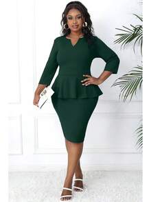 Plus Size Vintage Peplum Pencil Dress For Work Or Church - 綠色 - 查看 9