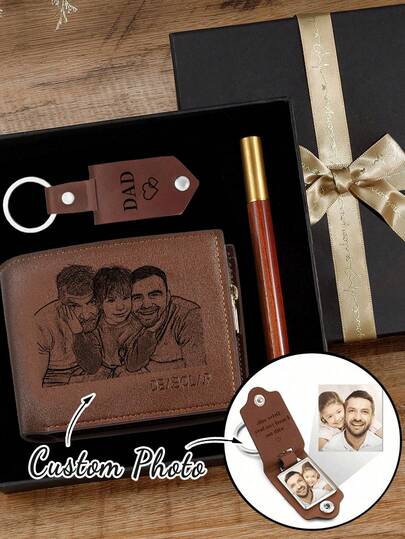 1 Set Personalized Holiday Wallet Gift Box, Customizable With Photo And Text, Wallet, Keychain, Pen, Packaging Box, Suitable For Birthday, Father's Day, Christmas, Thanksgiving, Forest Color Tone