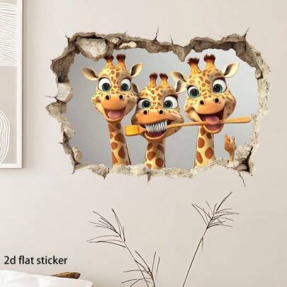 1 miếng dán tường hình hươu cao cổ 2D dễ thương đang đánh răng, thiết kế hài hước mang lại không khí sinh động, được làm từ PVC với độ bám dính vừa phải, thích hợp cho trang trí phòng tắm.