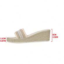 Women's Platform Slide Sandals, New Summer Fashion Thick Bottom Woven Linen Beaded One-Strap Beach Holiday Slippers - Beige - View 9