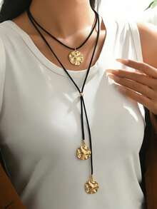 1pc Minimalist Vintage Black Cord With Geometric Circle Pendant Multilayer Y-Necklace, Suitable For Daily, Party, And Vacation Wear - Multicolor - View 4
