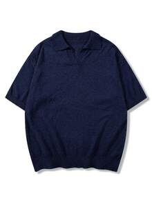 男女皆宜的休闲纯色V领短袖针织衫，适合春夏穿着，欧美韩风皆宜。 - 藏蓝色 - 查看 6