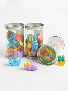 12pcsDinosaur Era Creative Bucket Rubber Eraser, Mini Cartoon Cute Rubber With A Beautiful And Fun Design, Festival Gift, Student Gift - Multicolor - View 3