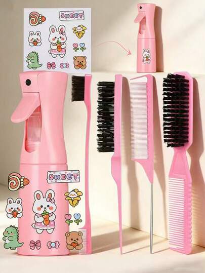 六件套美发工具套装，包含卡通3D立体贴纸、超细喷雾瓶（200毫升/6.8盎司）、方形卡通泡泡球梳和边缘刷。适用于打造柔顺发型、造型、清洁，也适合美发沙龙、返校季、旅行度假以及女孩发饰。