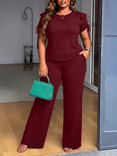 Women's Summer Solid Color Casual Elegant Ruffled/Ruffle Trim 2 Pieces Set