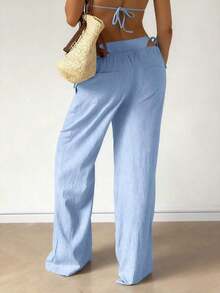 Pantalones anchos de lino sueltos, cómodos y versátiles para mujer, ideales para primavera - Azul - Ver 4