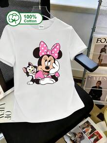 Disney Women's Casual Daily 100% Cotton Short-Sleeve T-Shirt, Featuring Mickey Mouse And His Pet Cat Figaro Print, Suitable For Everyday Outings, Campus, And Visits To Disneyland. Summer Clothing, Pink Polka Dot Bow Mickey Mouse And Figaro Pattern Printed T-Shirt, Also Suitable As Parent-Child Outfits Or Best Friend Outfits. White - White - View 1