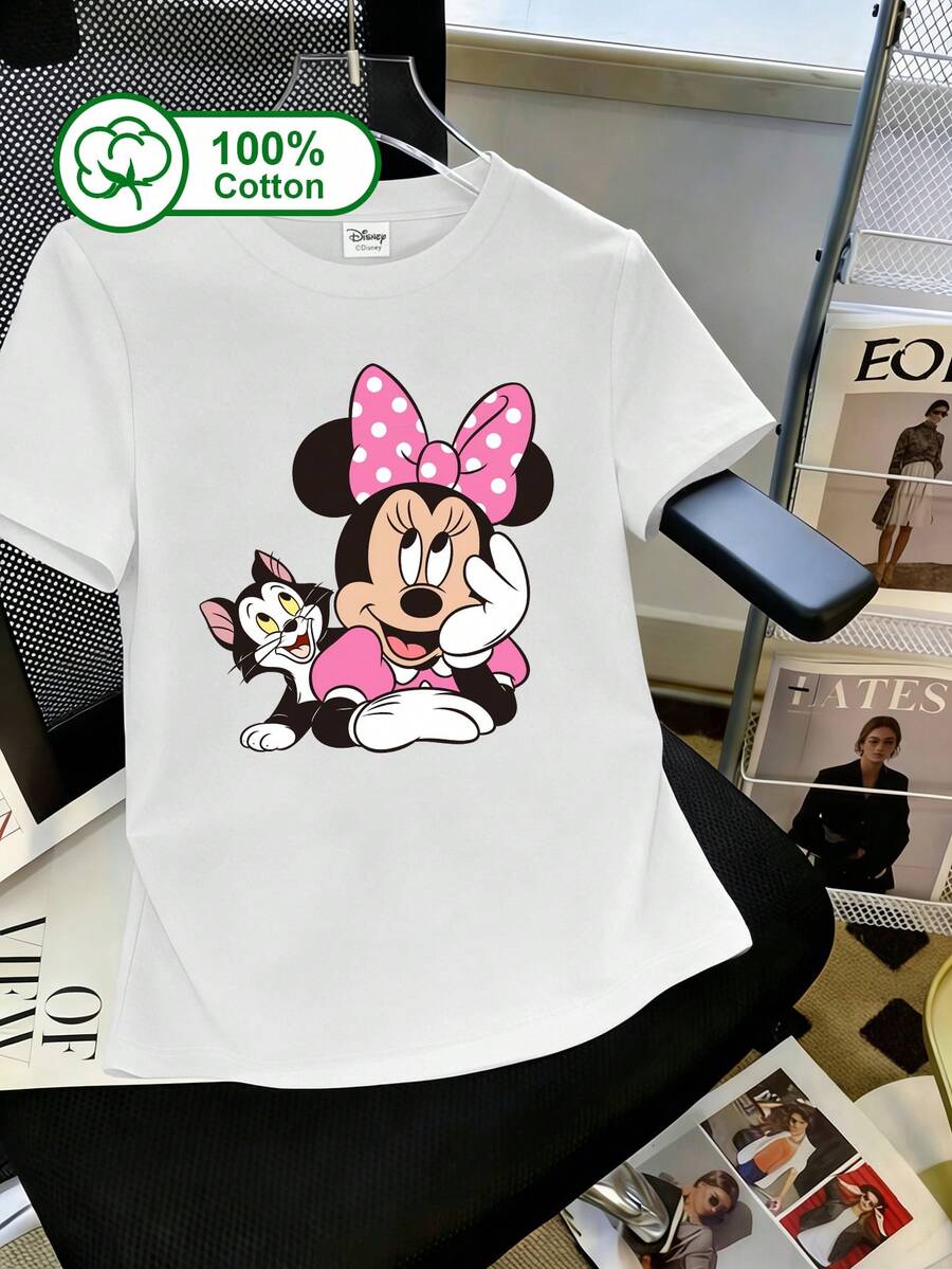 Disney Women's Casual Daily 100% Cotton Short-Sleeve T-Shirt, Featuring Mickey Mouse And His Pet Cat Figaro Print, Suitable For Everyday Outings, Campus, And Visits To Disneyland. Summer Clothing, Pink Polka Dot Bow Mickey Mouse And Figaro Pattern Printed T-Shirt, Also Suitable As Parent-Child Outfits Or Best Friend Outfits. White - White - View 1