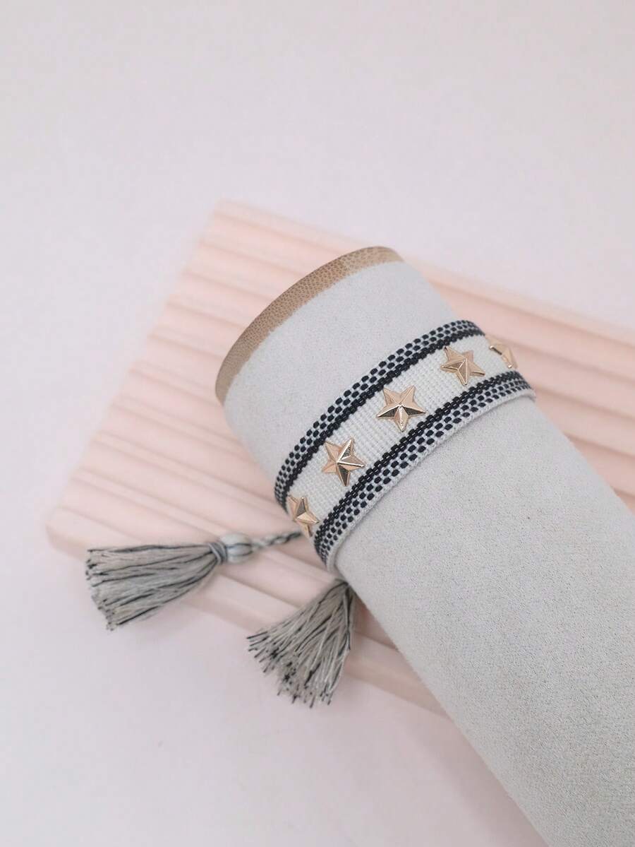 1 pieza Pulsera tejida de moda con tachuelas en forma de estrella de cinco puntas - Blanco y Negro - Ver 1