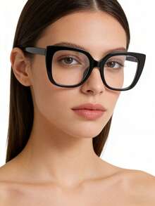 1副女士休闲复古方形大框黑色时尚素面眼镜，适合日常佩戴和街拍 - 黑色 - 查看 1