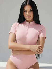 Blusa Canelada Feminina Gola Alta com Zíper Manga Curta Básica Elegante - Rosa Bebê - Visão 6