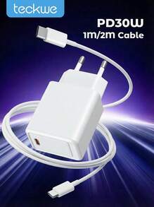 Teckwe 30W USB C Charger Block And 1m/2m Cable Set, OD3.0 Type-C Power Adapter, Travel Charger, Fast Charging Dor Phone, Pad, Laptop -EU Plug - EU C Type Plug(220-240V) - View 1