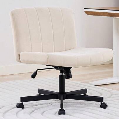 Criss Cross Chair With Wheels, Wide Cross Legged Desk Chair, Comfy Fabric Vanity Chair For Home Office Bedroom, Adjustable Armless Swivel Task Chair With 90–115° Tilt, Beige